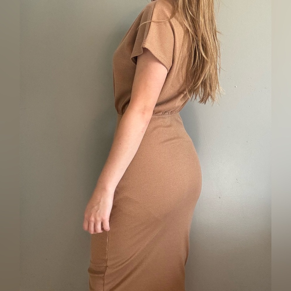 MEROKEETY Brown Cowl Neck Midi Bodycon Dress - Picture 2 of 5